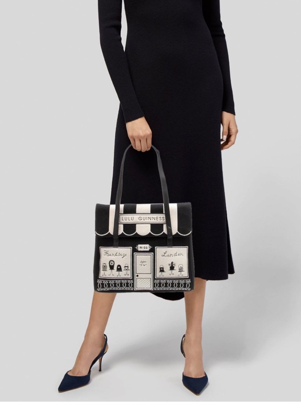 Lulu Guinness Black and White Shopfront Canvas Tote - Picture 2 of 6